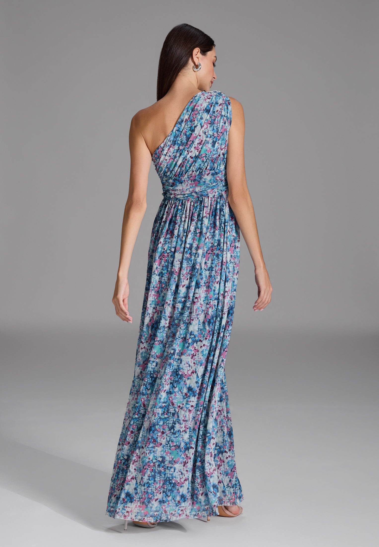 One Shoulder Abendkleid aus floral bedrucktem Mesh