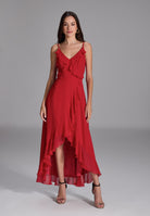 Abendkleid aus Chiffon Vokuhila Saum und Volants chili red