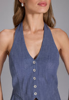 Neckholder Jumpsuit in Two-Piece-Optik aus glänzendem Denim