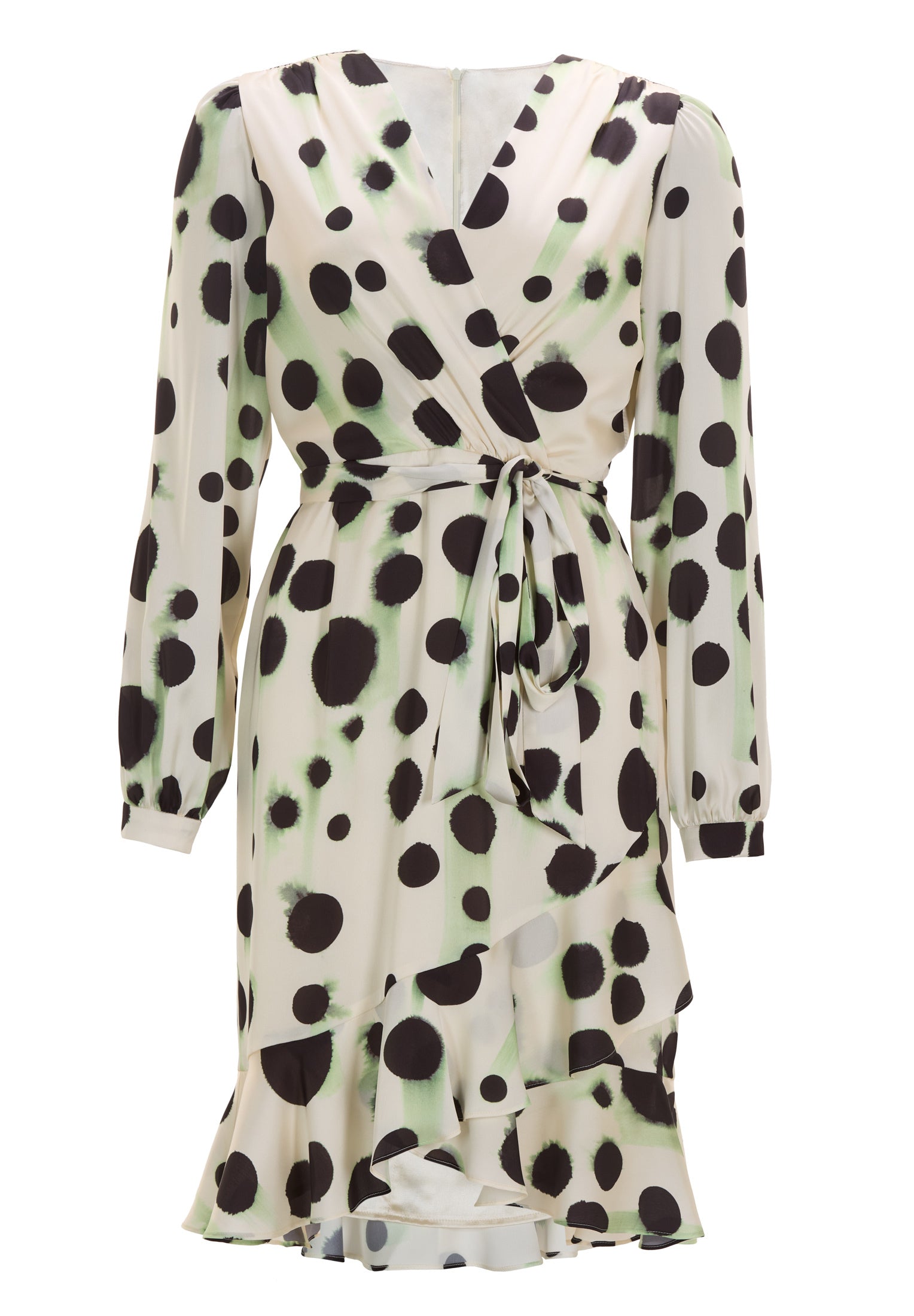 Cocktail Kleid mit Volant Saum aus Satin mit Tupfen Druck