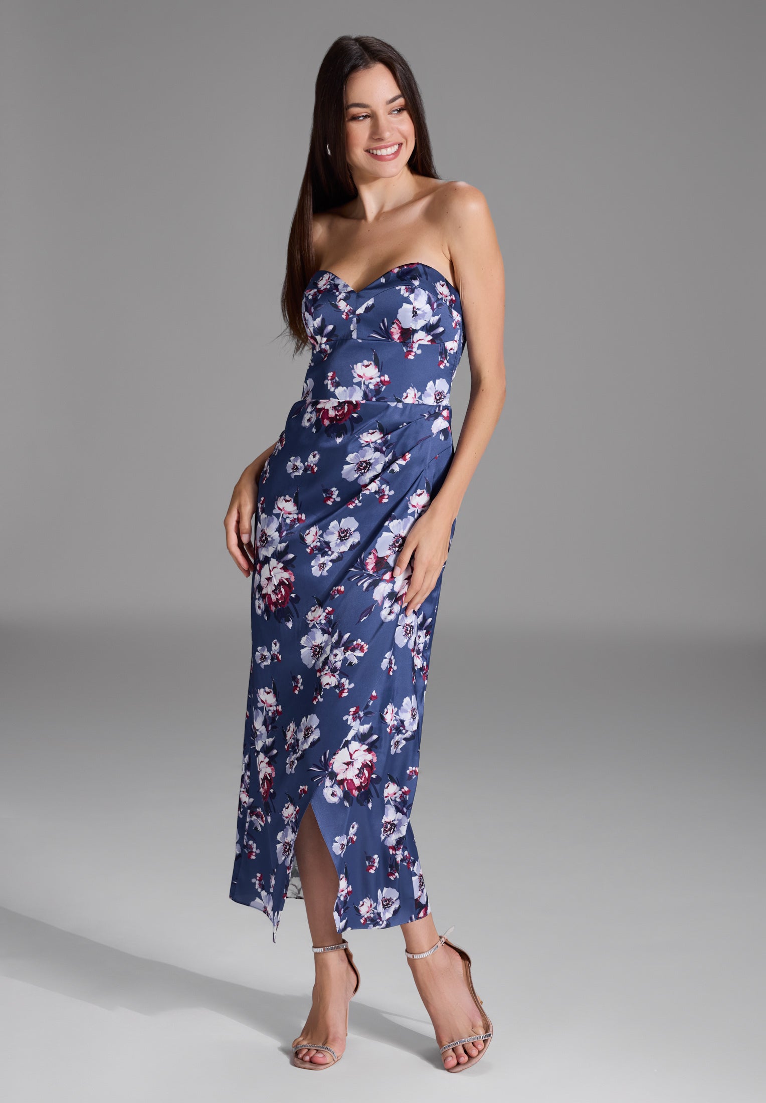 Abendkleid mit Corsage aus floral bedrucktem Satin future blue | multi