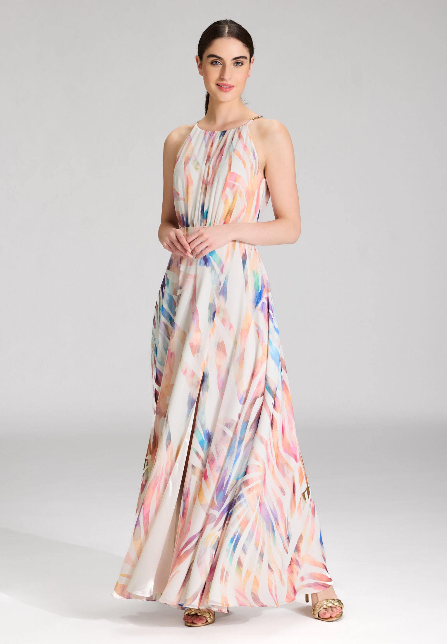 Abendkleid aus Crinkle Chiffon mit Animal Print ivory | multi