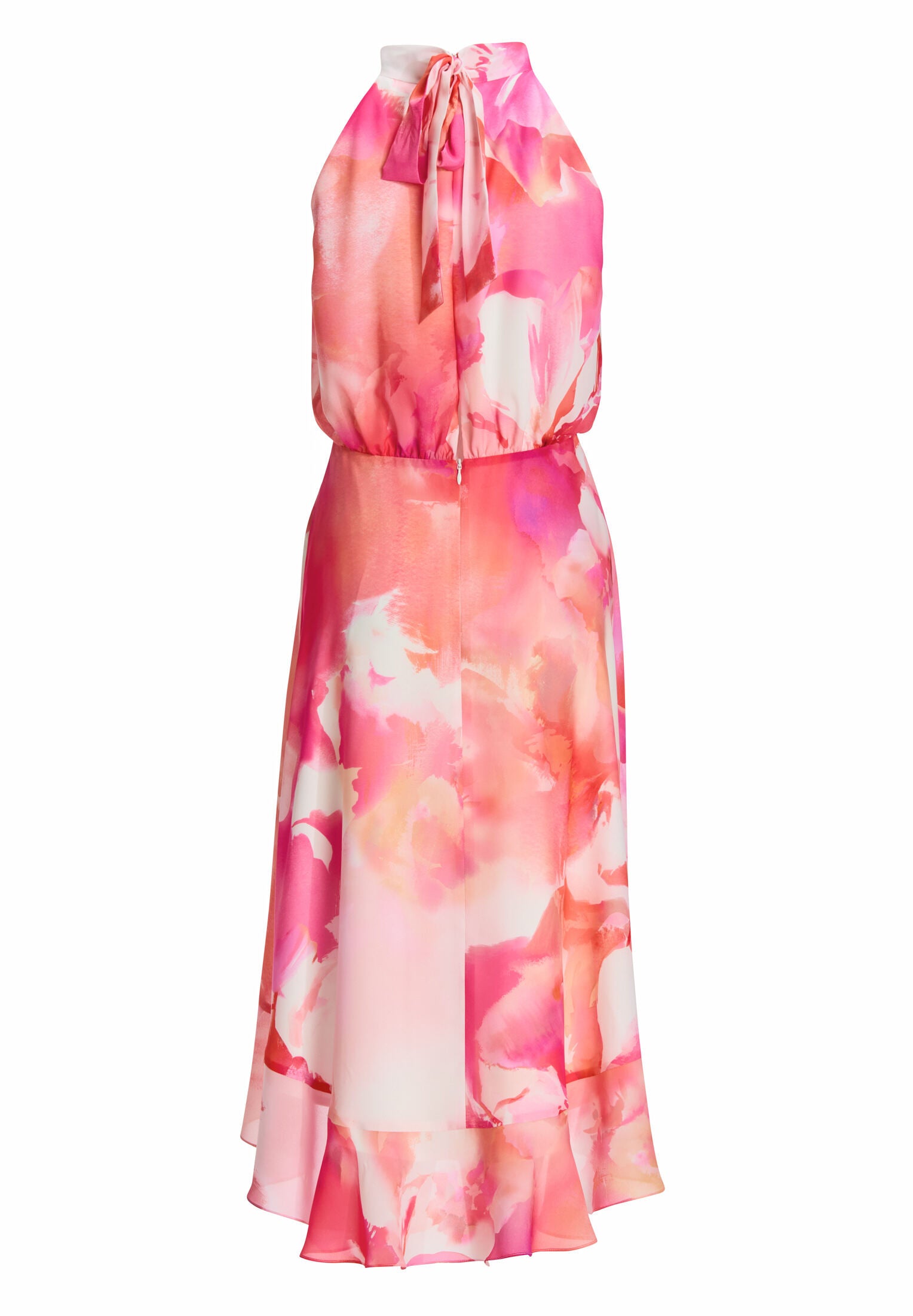 Cocktail Kleid aus bedrucktem Chiffon mit Volant am Saum