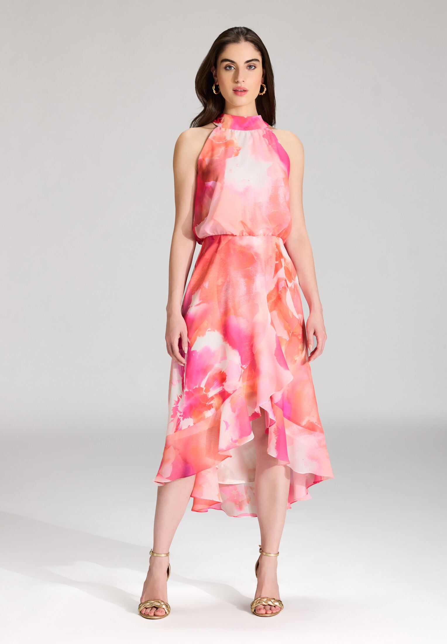 Cocktail Kleid aus bedrucktem Chiffon mit Volant am Saum hibiskus pink | multi