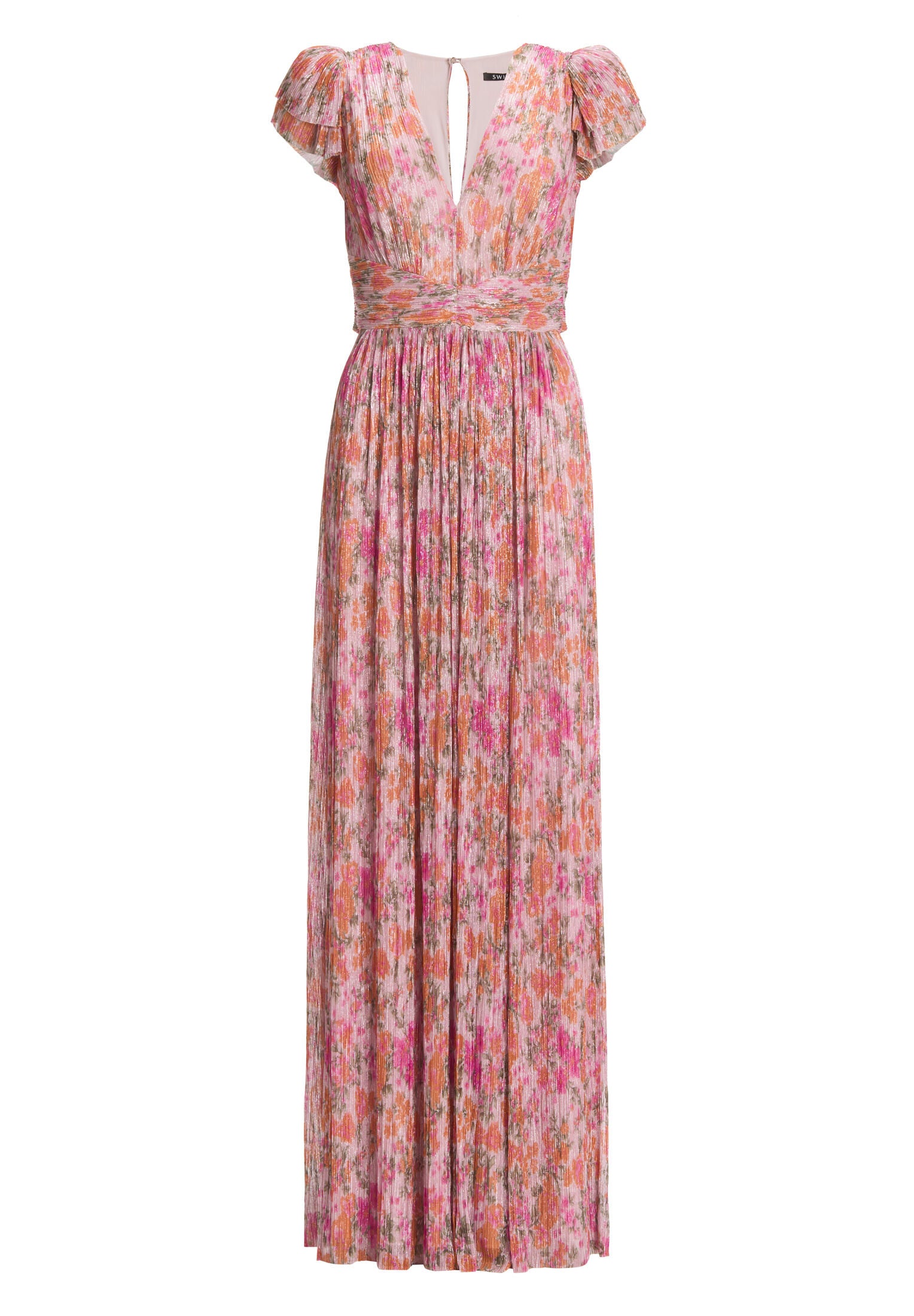 Abendkleid aus bedrucktem Plissee Jersey mit betonter Schulter