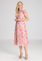 Midi Kleid aus bedrucktem Plissee Jersey mit kurzen Ärmeln