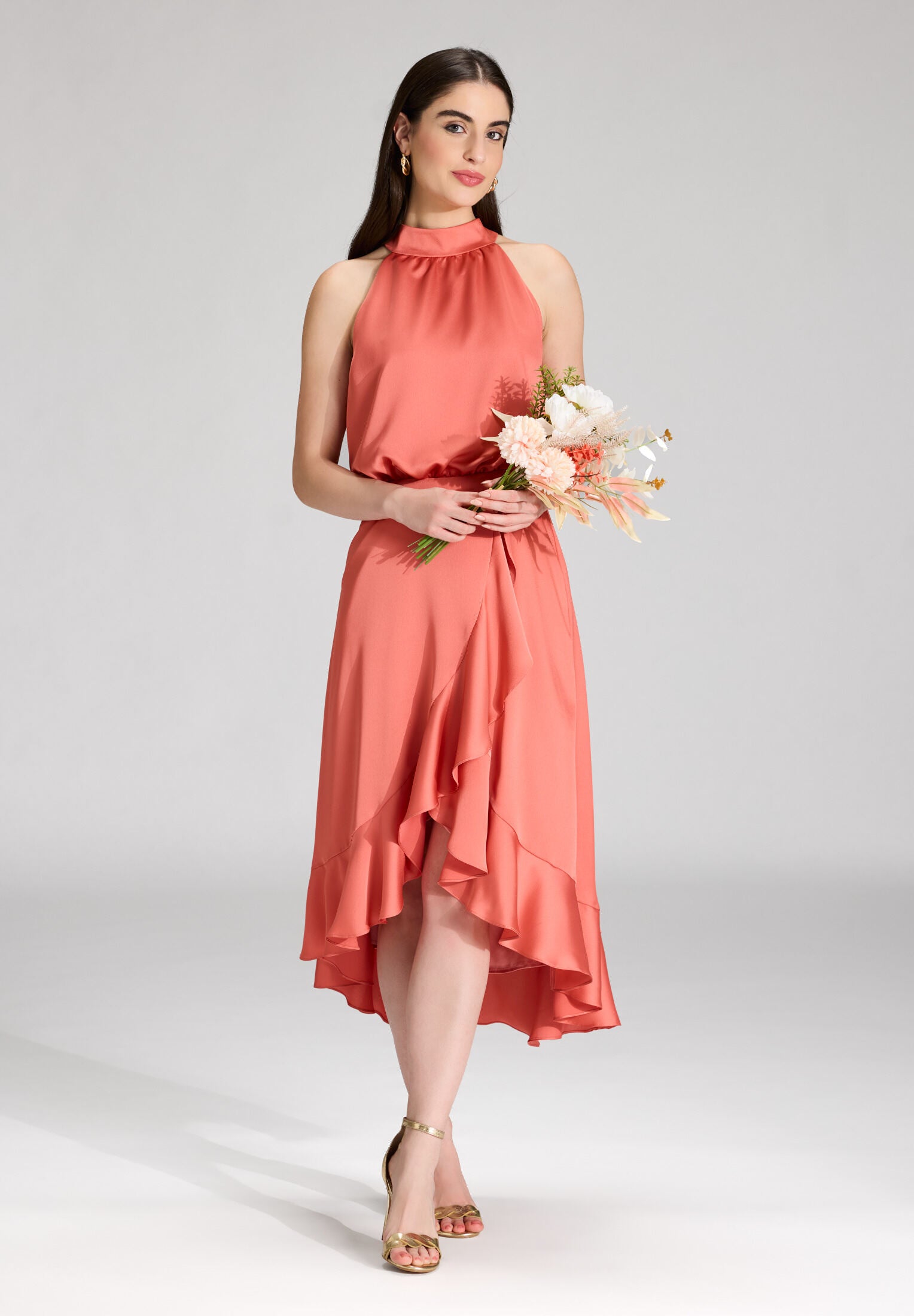 Cocktailkleid aus nachhaltigem Satin mit Volant am Saum terracotta
