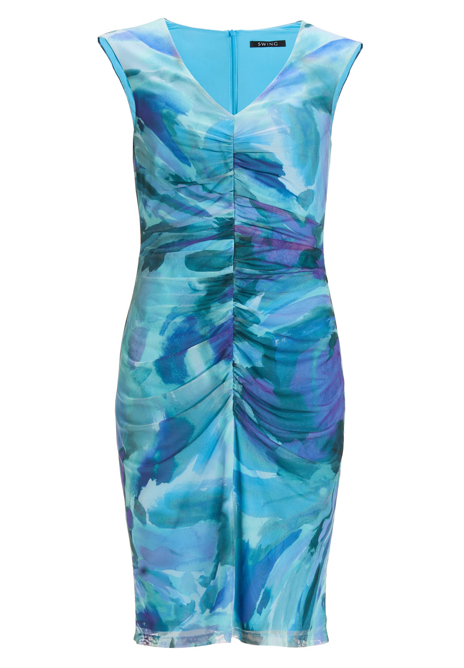 Etuikleid mit V-Ausschnitt und Raffung aus bedrucktem Mesh