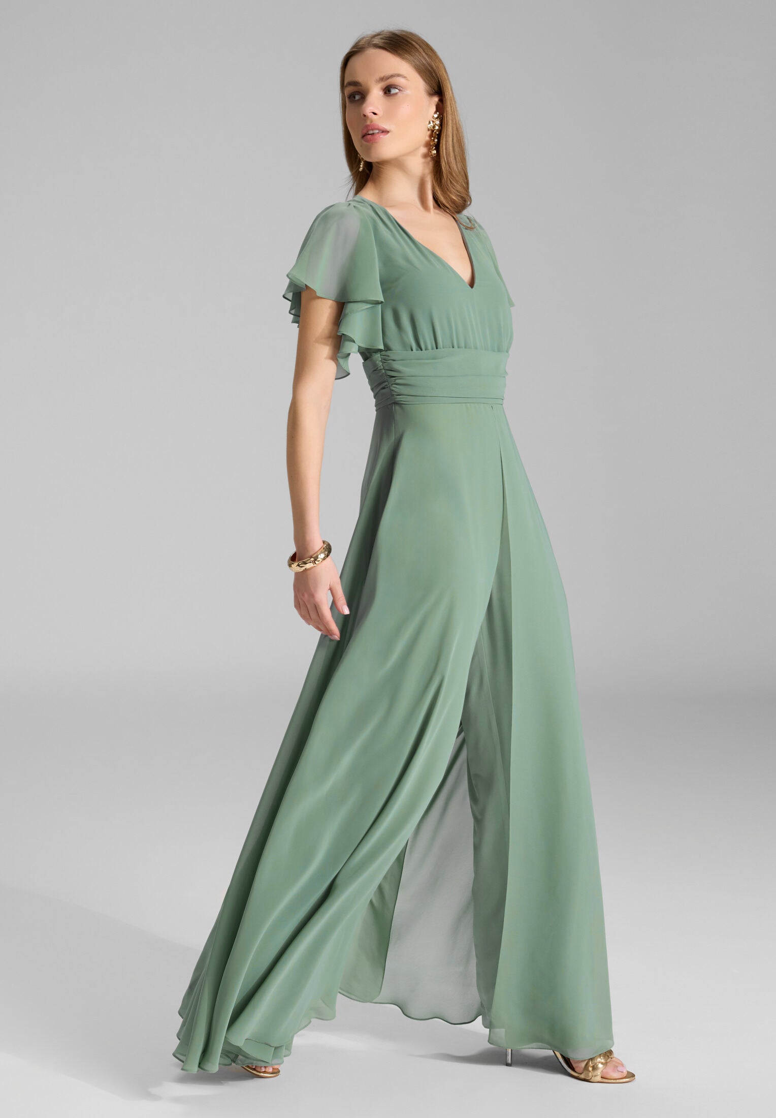 Chiffon Jumpsuit mit Überrock und Volantärmeln
