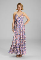 Neckholder Maxi Kleid aus bedrucktem Chiffon mit Glitzerstreifen Champagne Cream