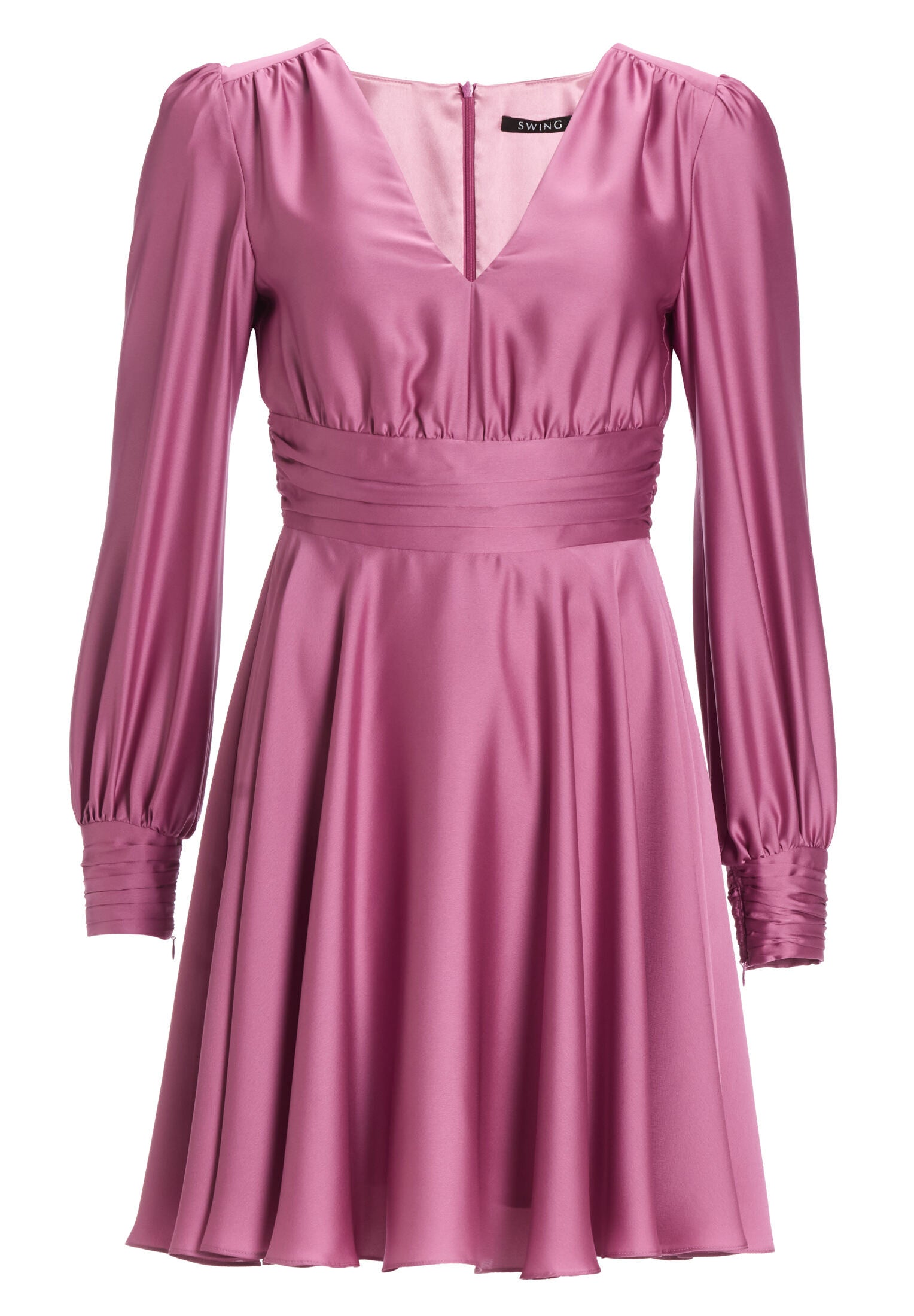 Cocktailkleid aus nachhaltigem Satin mit langen Ärmeln und Raff Details