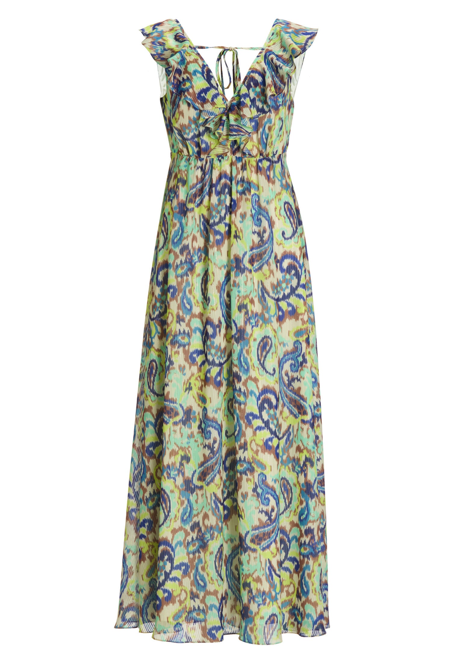 Maxikleid mit Rüschen aus bedrucktem Chiffon mit Glitzerstreifen