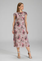 Midi Kleid aus bedrucktem Plissee Jersey mit kurzen Ärmeln raspberry pink | multi