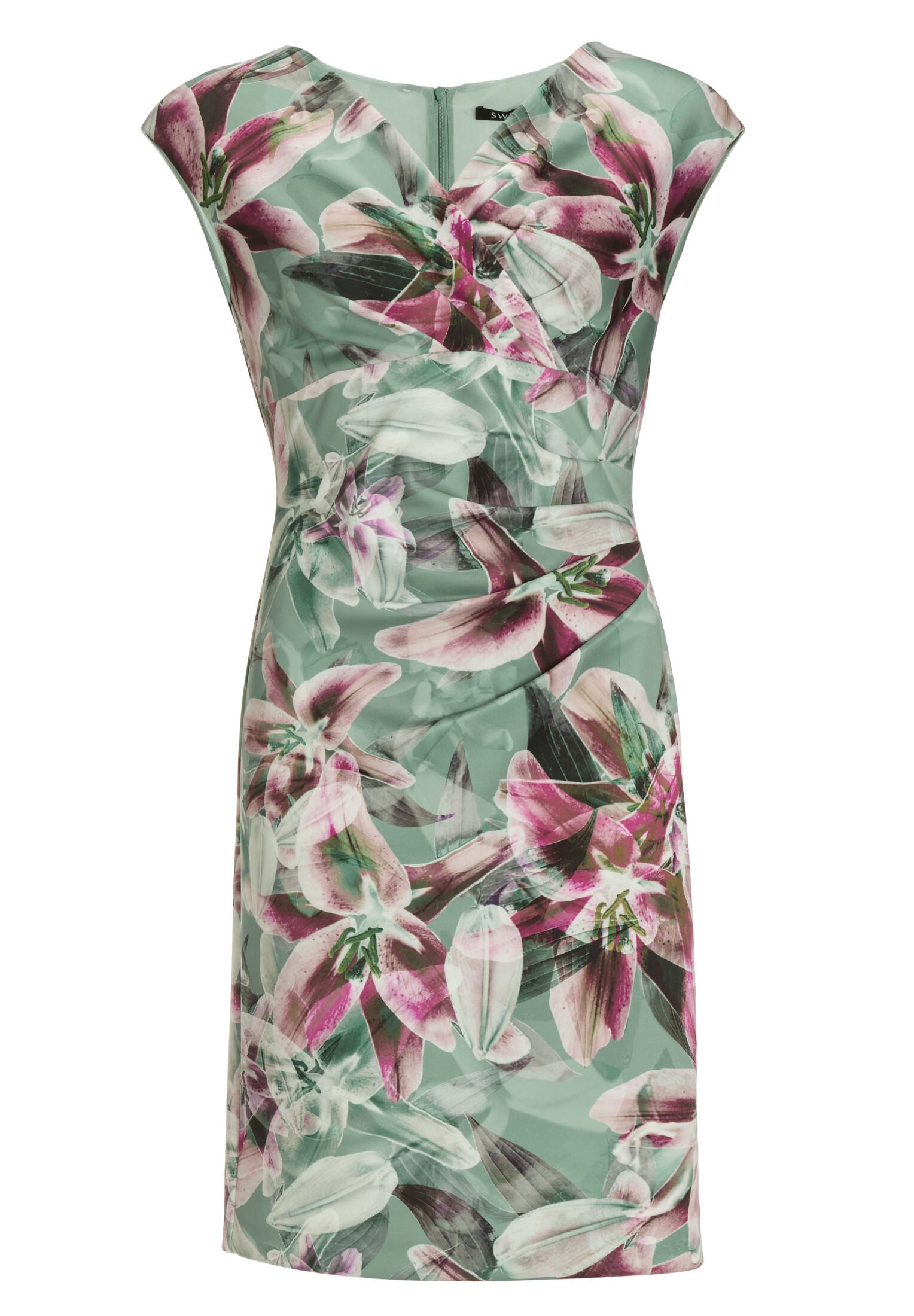 Etui Kleid aus bedrucktem Scuba mit Wickel-Ausschnitt