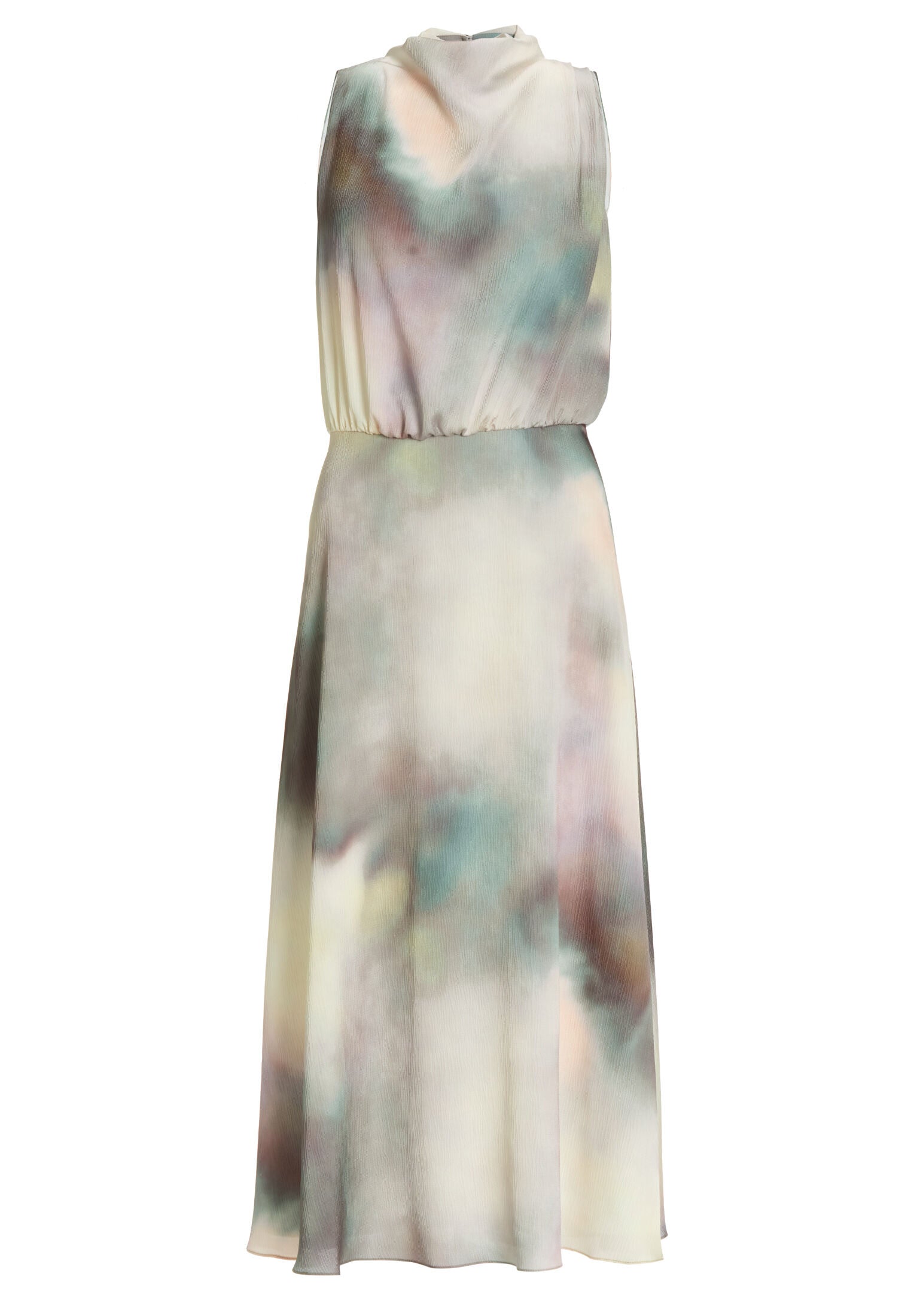 Midi Kleid aus gehämmertem Satin mit abstraktem Druck und Drapierung am Kragen