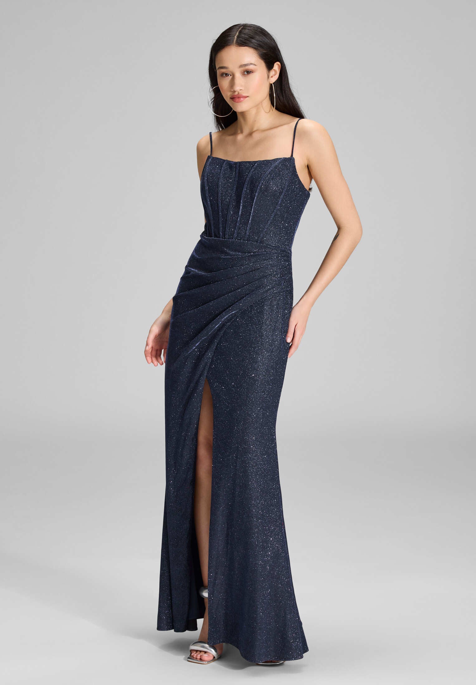 Figurbetontes Abendkleid mit Beinschlitz navy