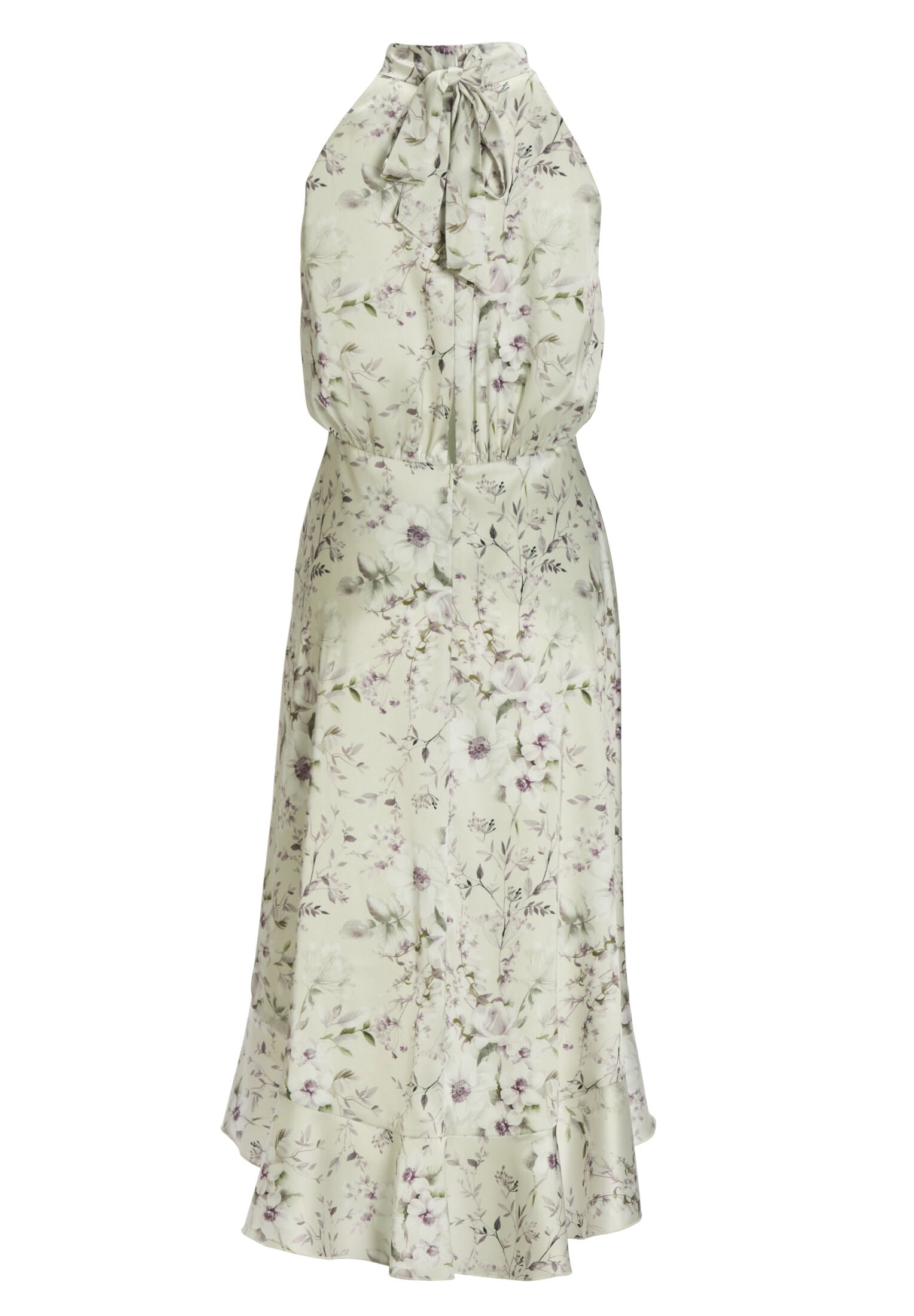 Cocktailkleid aus floral bedrucktem Satin mit Volant Saum