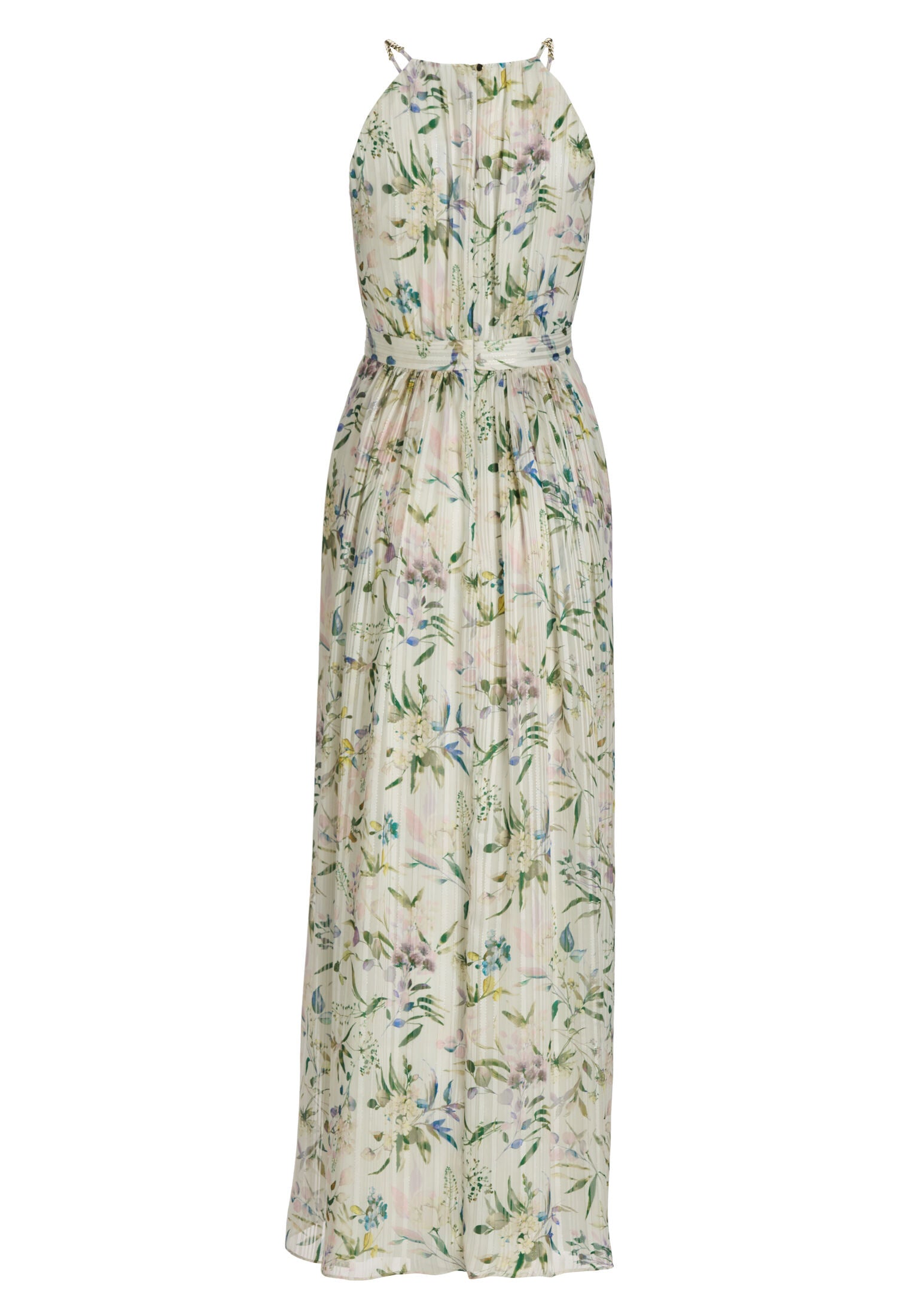 Abendkleid aus bedrucktem Chiffon mit Glitzerstreifen und Zierträgern