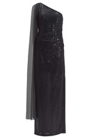 One-Shoulder Abendkleid aus foliertem Jersey mit Chiffon Schal