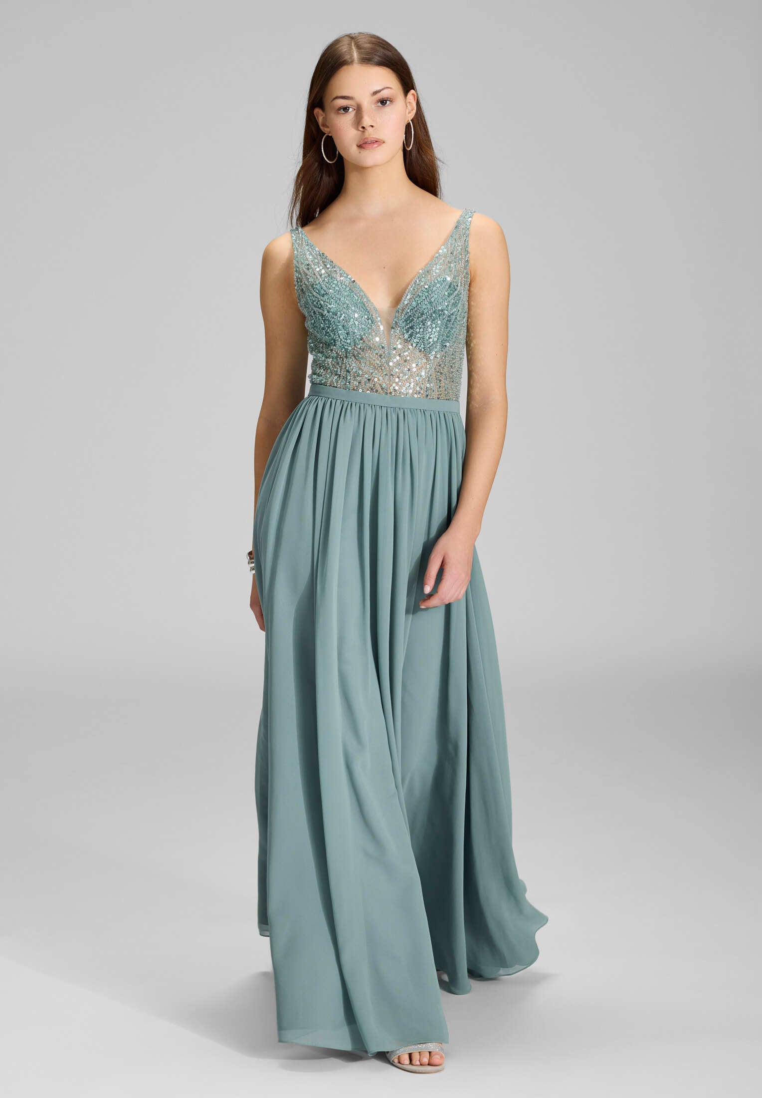 Abendkleid mit Chiffonrock und Stickerei ocean teal