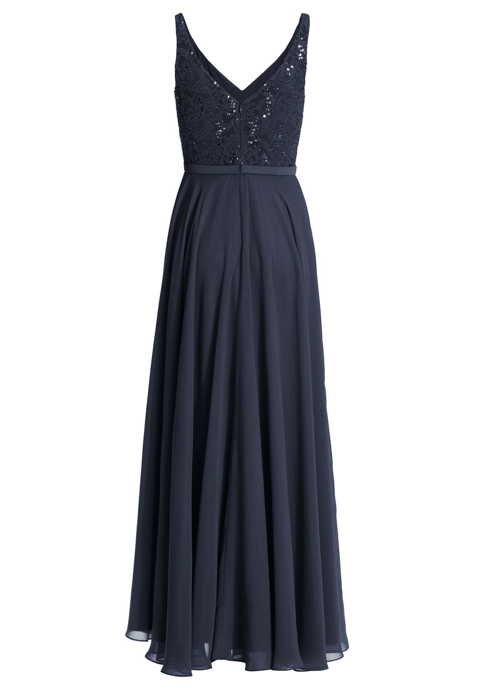 Abendkleid aus Material-Mix mit weit schwingendem Rock