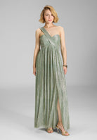 Abendkleid One Shoulder aus glänzendem Plissee Jersey matcha green | gold