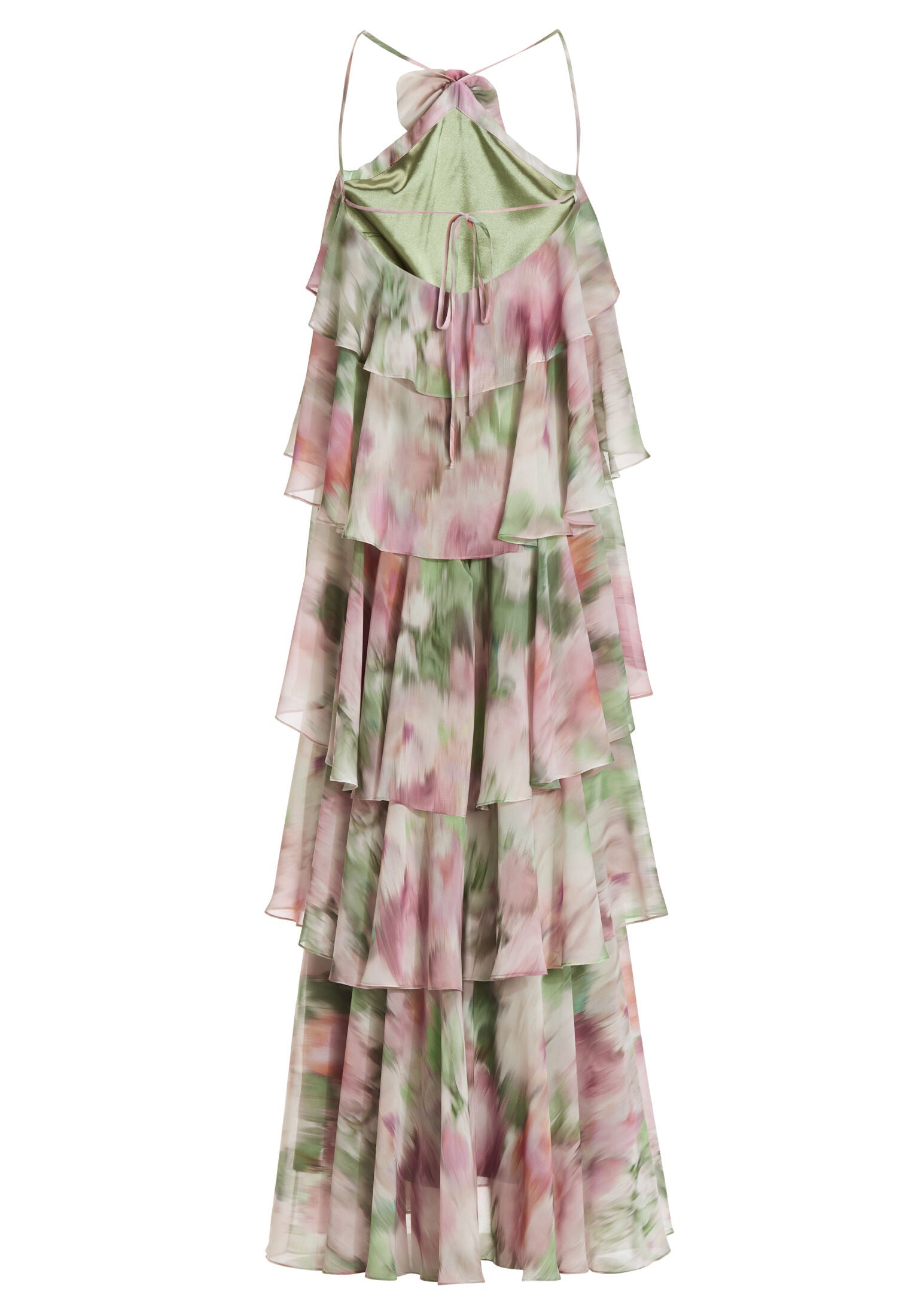 Abendkleid aus bedrucktem Chiffon mit gestuften Volants