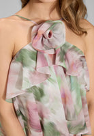 Abendkleid aus bedrucktem Chiffon mit gestuften Volants