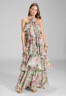 Abendkleid aus bedrucktem Chiffon mit gestuften Volants matcha green | vintage pink